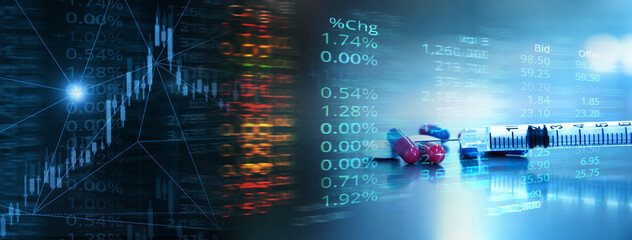 syringe and drug medicine and market trading stock and index number and graph on glow blue red green digital technology light line banner business background