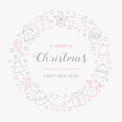 Christmas greeting card with wreath made of festive icons. Vector