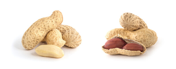Dried peanuts on the white background.