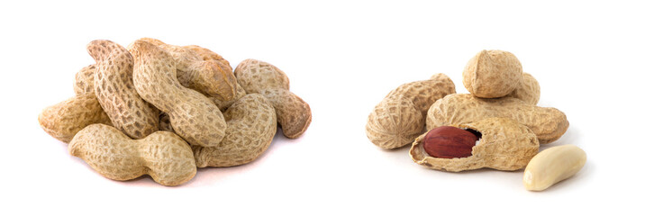 Fototapeta na wymiar Dried peanuts on the white background.