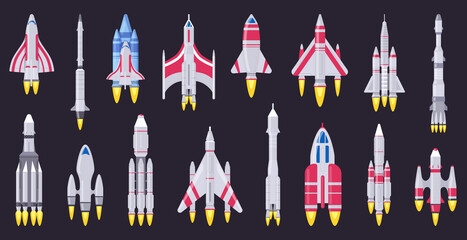 Spaceships vehicles. Space rocket, flying aerospace shuttle, spacecraft ships and ufo ships. Space rocket vehicles vector illustration set. Spacecraft rocket launch, rocketship collection move