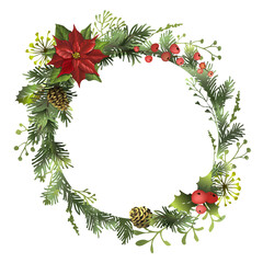 Circle Christmas frame with pine tree branches, red berries, holly berry, poinsettia flower. Greeting card template with space for text.
