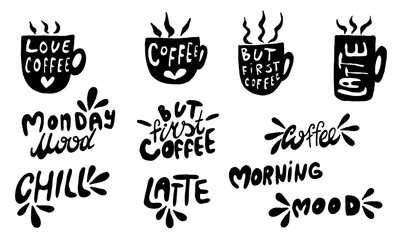 Hand drawn coffee lettering. Vector illustration isolated on white background. Template for sticker pack, greeting card, banner or poster. Morning mood