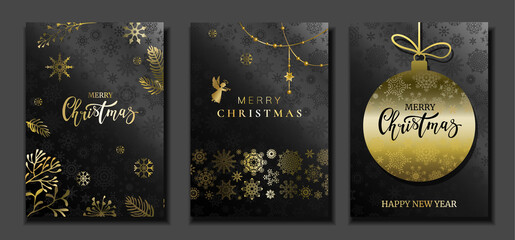 Set of black-gold Christmas cards, flyers or invitation templates with pine tree branches, christmas ball, christmas angel and showflakes.