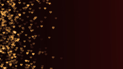 Golden bokeh hearts lights on black background, overlay for graphic editor. Valentines day card concept with copy space. © Michaela
