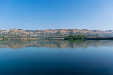 Fototapeta na wymiar Panoramic view of beautiful Panshet dam located in Pune, Maharashtra, India