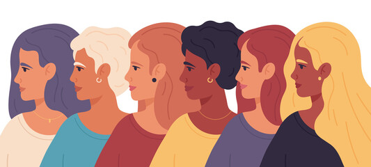 Women day. Female profile portraits, sisterhood diverse group, women empowerment movement vector illustration. Women profile faces. Support lady feminist, sisterhood interracial empowerment