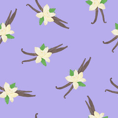 Fototapeta na wymiar Seamless pattern of Dried vanilla sticks and orchid flower with watercolour style. Floral bouquet pattern with small flowers and leaves, Elegant template for fashion prints