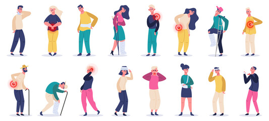 Injured people. Adult characters suffering from pain, injuries and aches, fractures and head injuries. Sick people vector illustration set. Injured head and back, backache and neck