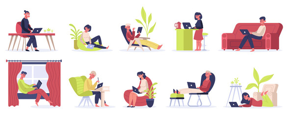 Naklejka premium Freelance working people. Young male and female freelancers work at home. Self employed convenient workplace vector illustration set. People work, woman at laptop, character freelance