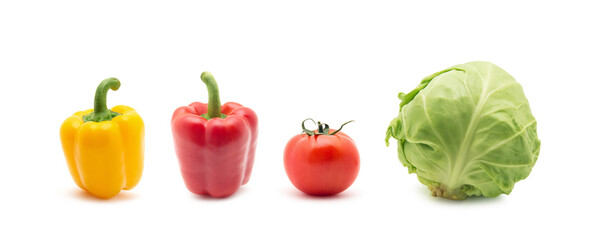 whole green cabbage, tomato and sweet pepper isolated on white