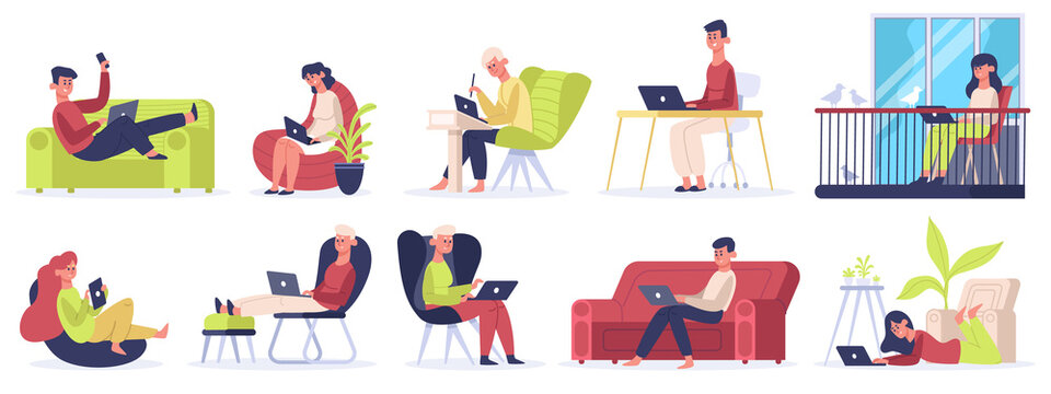 Freelance workers. People working on laptops and computers from home, comfortable freelance workplace. Self employed vector illustration set. Comfortable isolation, workspace cozy using at workplace