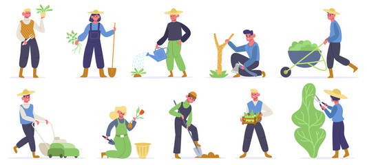 Fototapeta na wymiar Gardening characters. Farm workers, gardener planting, watering and gathering agriculture plants and green. Gardener work vector illustration. Farm worker gardening and planting, gathering and farming