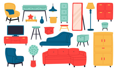 Home furniture. Living room interior sofa, armchair, lamp, bookcase, tv, cabinet and coffee table. Domestic room furniture vector illustration set. Furniture home interior, room table © WinWin