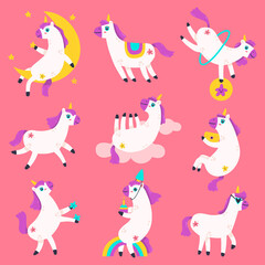 Cute unicorn characters. Doodle rainbow unicorns, fairy tale funny baby unicorn mascots. Fantasy magical pony vector illustration set. Fairy tale, magical character mascot, pony unicorn