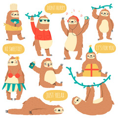 Hanging sloths. Wild tropical animal characters, funny lazy rainforest sloths vector illustration set. Cute hand drawn sloths. Fluffy slumber, sloth hurry and dream, animal lazy © WinWin