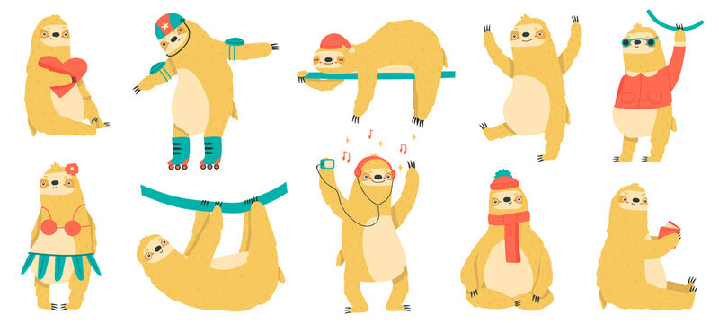 Funny sloths. Cute hand drawn lazy animals, funny tropical mammals, adorable sloth mascots vector illustration set. Jungle rainforest sloths. Sloth animal, lazy and slow character