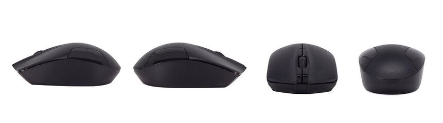 Wireless black computer mouse set, no shadow, top view, left side, right side, front and back...