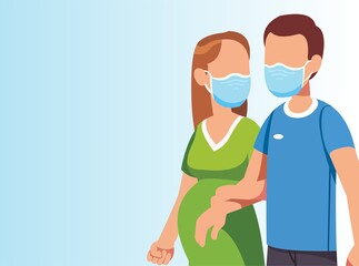 Vector of pregnant wife holding hands with her husband while wearing masks in pandemic situation