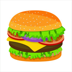 Colorful vector image of a hamburger drawn in a flat style. Bright juicy colors that lift the mood and cause appetite.