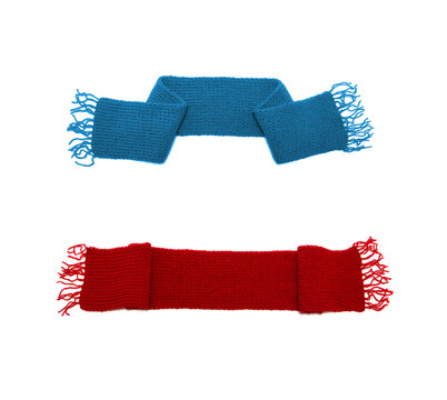 Blue and red knitted scarf on a white background.