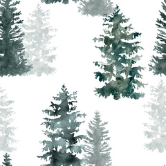 Watercolor pine tree seamless pattern. Hand painted spruce forest repeat print on white background. Winter illustration for Christmas design. Evergreen woods paper.