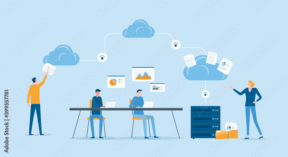Poster flat vector illustration business technology cloud computing service concept and with developer team working and meeting concept