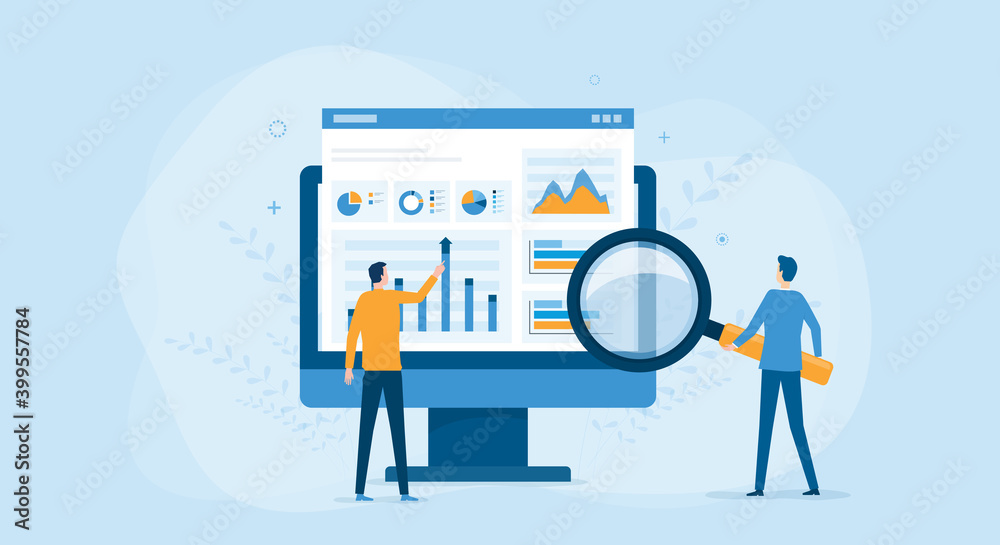 Leinwandbilder flat vector business people working for data analytics and monitoring on web report dashboard monitor and business finance investment concept