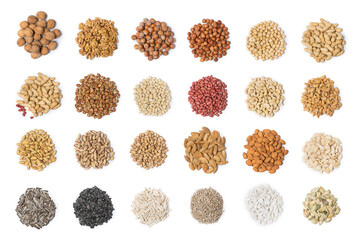 Different types of nuts in composition isolated on white in studio