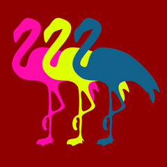 Naklejka na ściany i meble Three colorful flamingos in row. Blue, yellow and pink one over red background. Bright design. Flat and minimalist.