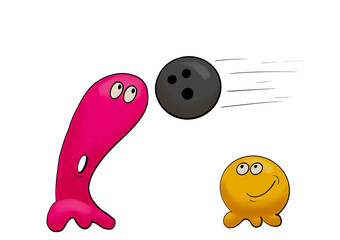 Funny cartoon illustration of two characters playing bowling