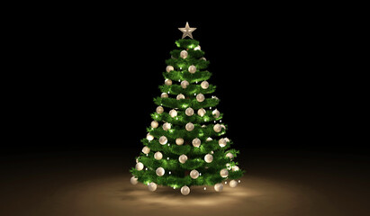 Big Christmas Tree decorated with a garland and toys and a big star at the top at dark background
