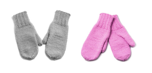 Grey and pink mittens isolated on white background