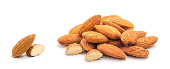 Heap of almond nuts isolated on white background