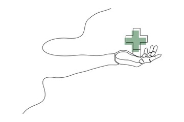 Continuous line drawing of palm hand holding medical cross. Vector illustration