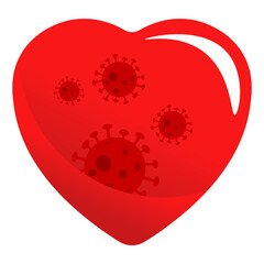 Red heart on a white background. Inside the molecules of the coronavirus ncov-19