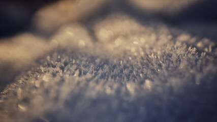 Abstract texture macro image of snow crystals backlit by the sun