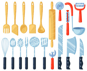 Kitchen utensils. Kitchenware cutlery tools, knives, forks, spatula and spoons. Cooking tableware equipment vector illustration set. Spoon utensil equipment, kitchenware tool knife