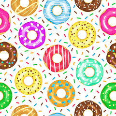 Fototapeta premium Cartoon donuts pattern. Seamless glazed and sprinkled donuts backdrop, pink, yellow glazed chocolate donut. Sugar icing donuts vector background. Pattern breakfast sweet colorful donut