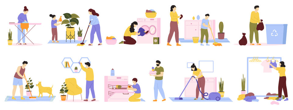 Householder cleaners. Family cleaning house, daily home routines, washing, vacuuming, ironing. Domestic housekeeping vector illustration set. Housekeeping and vacuuming, housewife cleanup routine