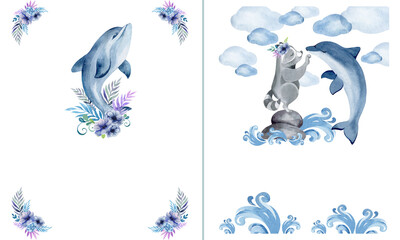watercolor set of greeting cards raccoon and dolphin friendship