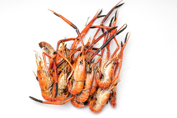 Close up of Grilled River Shrimp for Thai Seafood Isolated white ackground.