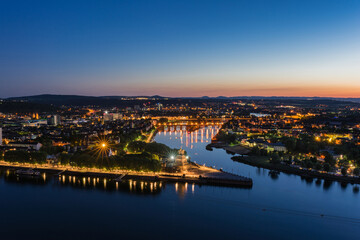 The German Corner (Deutsches Eck) in Koblenz by night, Germany
