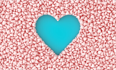 A scattering of small pink hearts forming place for your text in the form of a heart on a blue background. 3d rendering