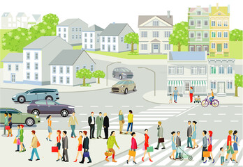 Stadtsilhouette mit Menschen und Straßenverkehr, Illustration