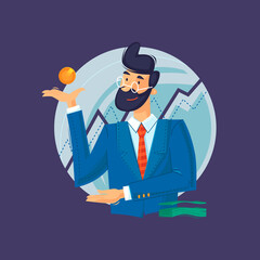 Business consultant, statistic analysis. Man in suit, successful businessman. Flat design vector illustration.