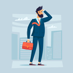 Job search, a man in a suit with a briefcase is looking for. Flat design vector illustration.