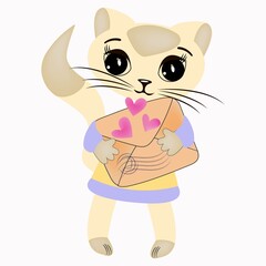 A cute cartoon cat is holding an envelope with hearts and a seal in its paws. Festive illustration.. Vector.