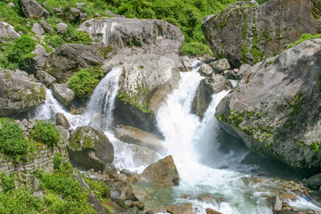 Cataract on the Bhote Koshi River in Nepal, bordering Tibet, where river originates. River cascades past moss covered rocks and is famous for white water rafting.  Located 90 km from Kathmandu.