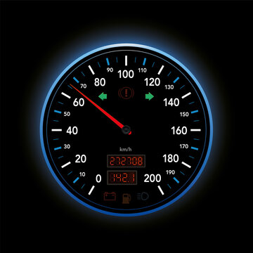 Speedometer, modern car display from zero to 200 kmh, with red pointer, digital mileage, turn signal indicator and warning lights. Isolated vector illustration on black background.
